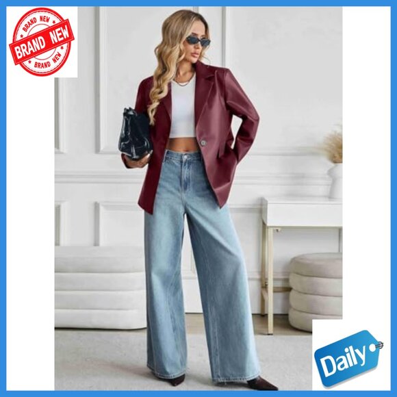 Oversized Faux Leather Blazer Bomber Jacket Long Sleeve Button Front Pockets - Picture 5 of 7